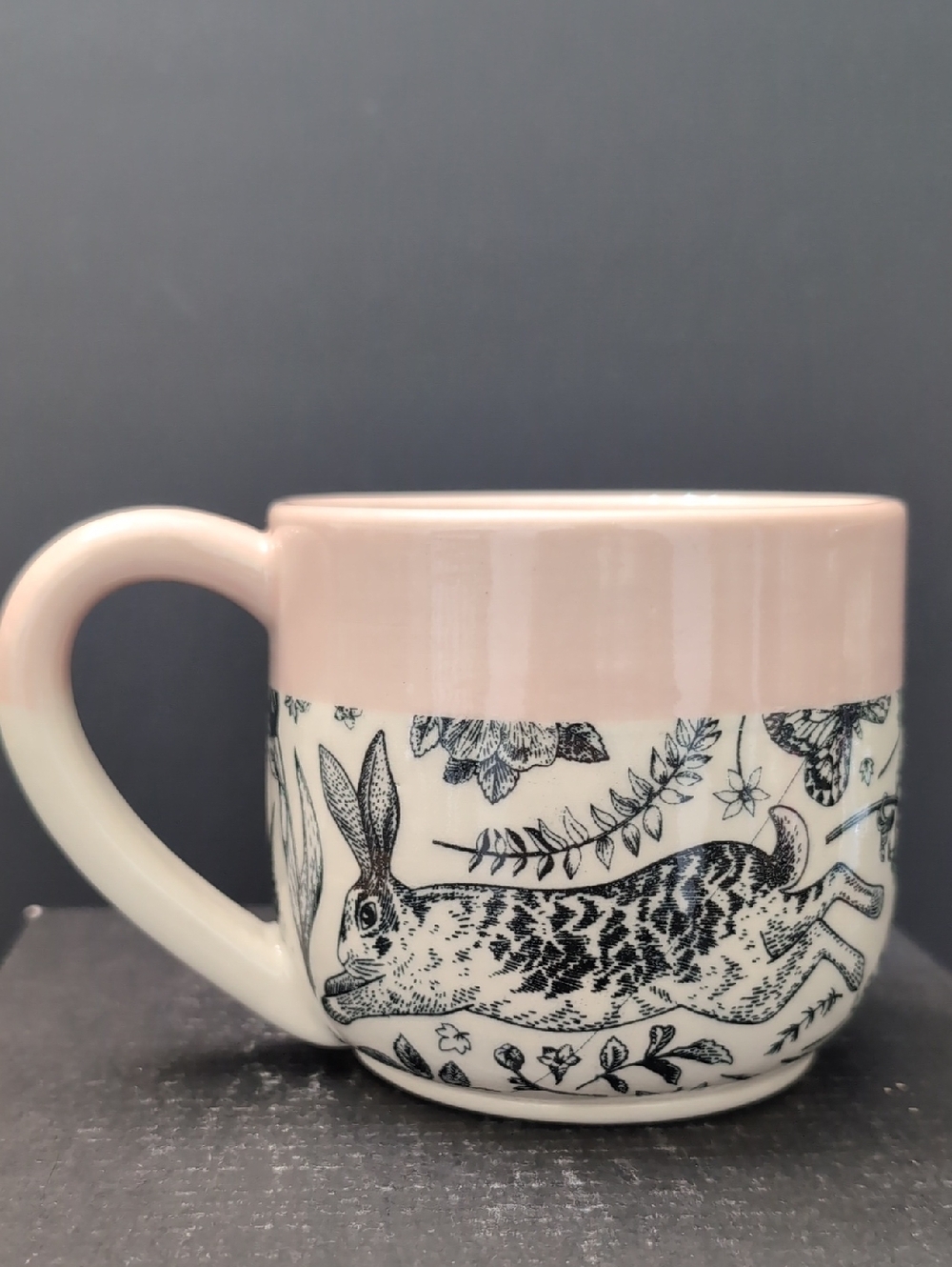 L.Dyck Pink/White Pottery Mug Features A Rabbit/Florals. - Picture 3 of 8